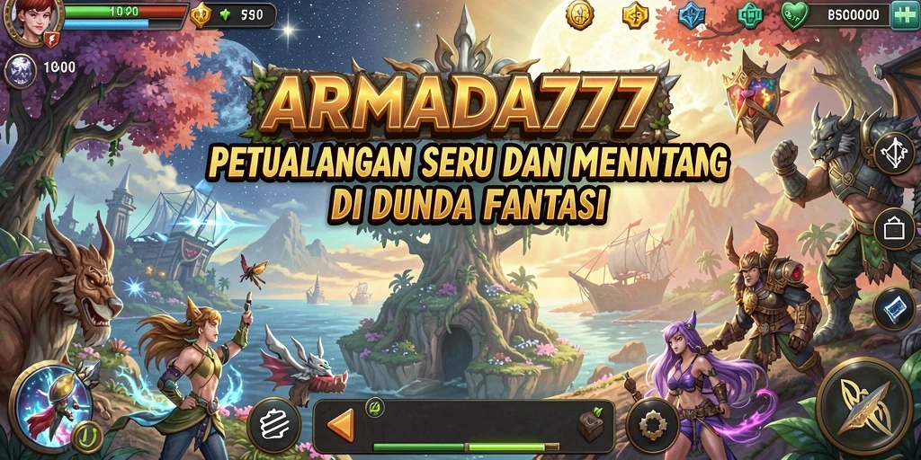 Screenshot utama ARMADA777 menunjukkan karakter menjelajahi hutan mistis.