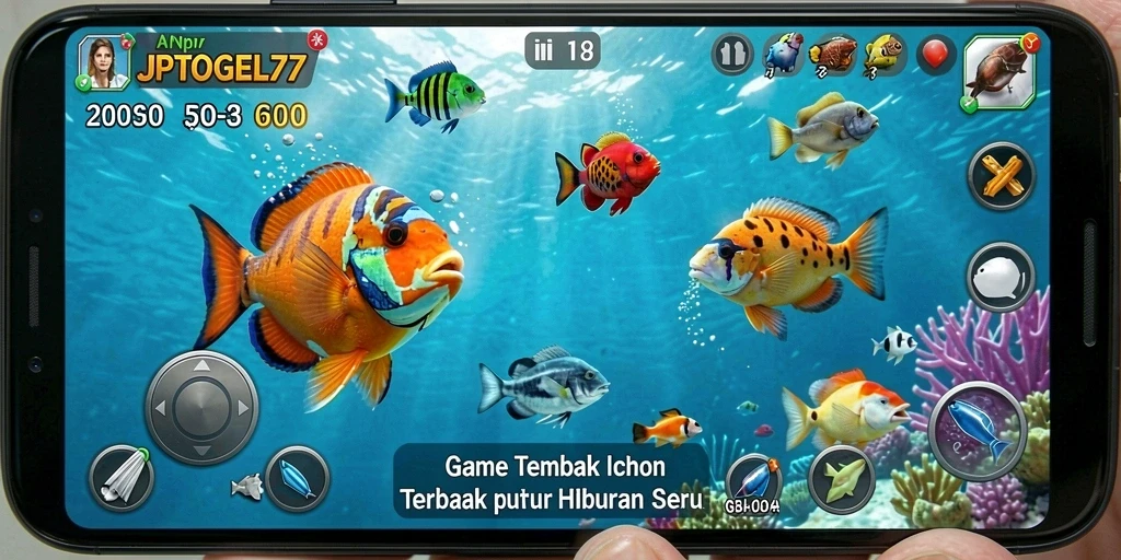 Gameplay seru JPTOGEL77 dengan berbagai ikan berwarna-warni.