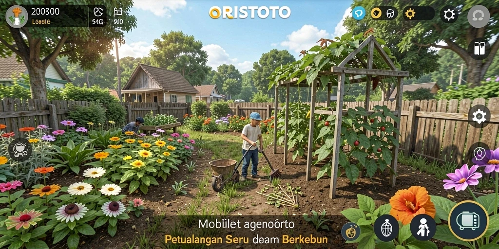 Tampilan gameplay ORISTOTO menampilkan kebun yang rimbun dan produktif.