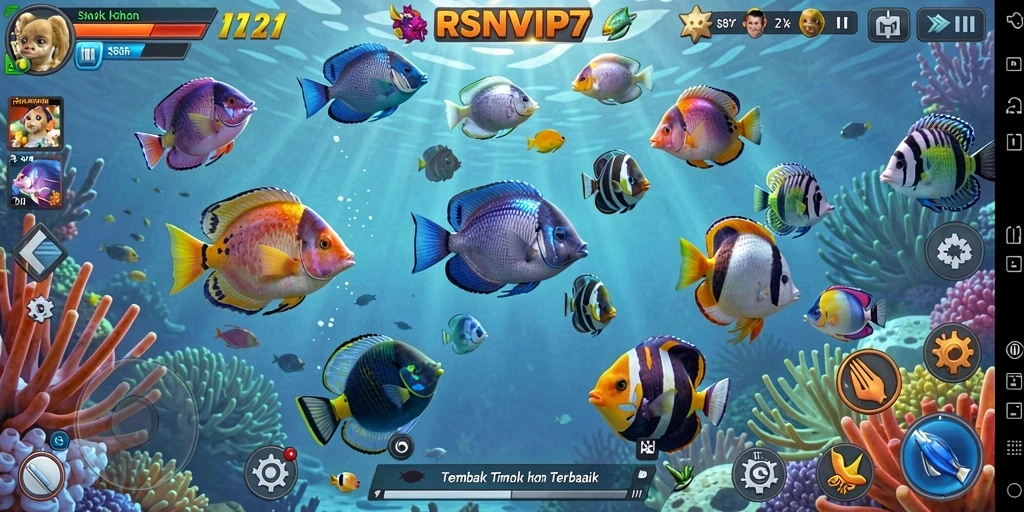 Screenshot gameplay RSNVIP7 menampilkan aksi menembak ikan yang seru.
